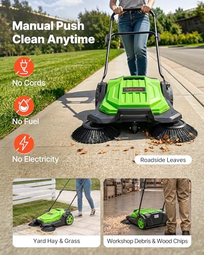 VEVOR Walk-Behind Hand Push Floor Sweeper, Manual Floor Sweeper Non-Electric with 25.6" Sweeping Width, 5 Gallons Waste Container & Adjustable Folding Handle for Yards Walkways Patios Garages - Green