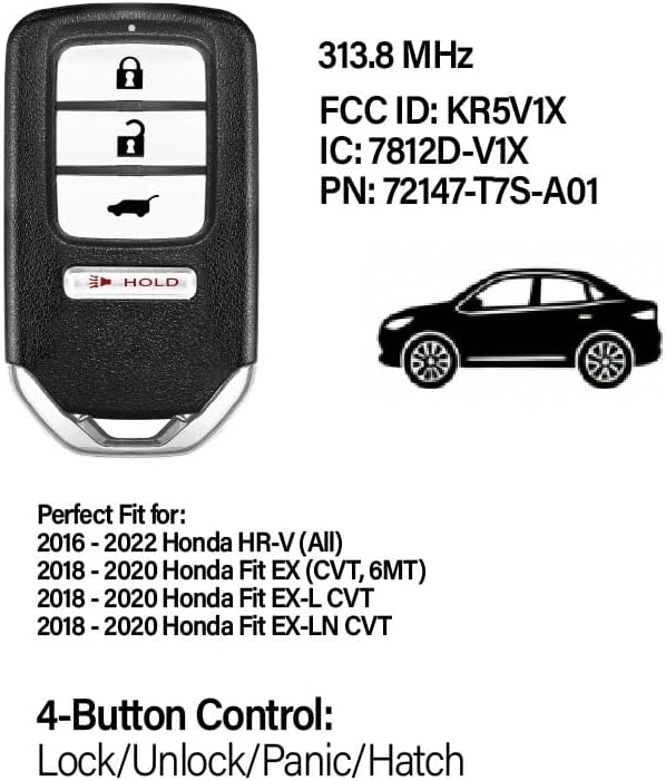 2 Keylessbest Replacement for 2019 2020 2021 2022 Honda HR-V Fit EX EX-L CVT EX-LN CVT Key Fob Remote Control KR5V1X 4 Buttons 313.8MHz
