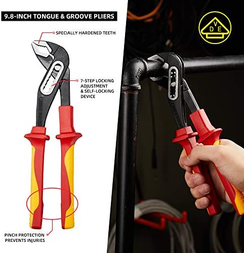AKM 4-Piece 1000V VDE Insulated Tools Set - Pliers Set With Tongue & Groove, Diagonal Cutting, Long Nose, and Linesman Pliers