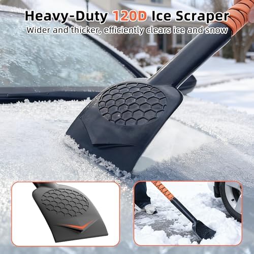 45" Extendable Snow Brush and Ice Scrapers for Car Windshield [360° Rotating Snow Brush Head] Military-Grade Sturdy Ice Scraper for Sedans, SUVs and Trucks Easy Storage Orange