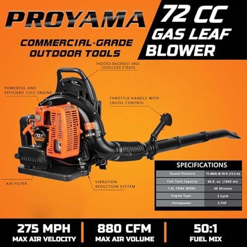 PROYAMA 72CC Gas Backpack Leaf Blower, Garden Yard Cleaning, Snow Removal