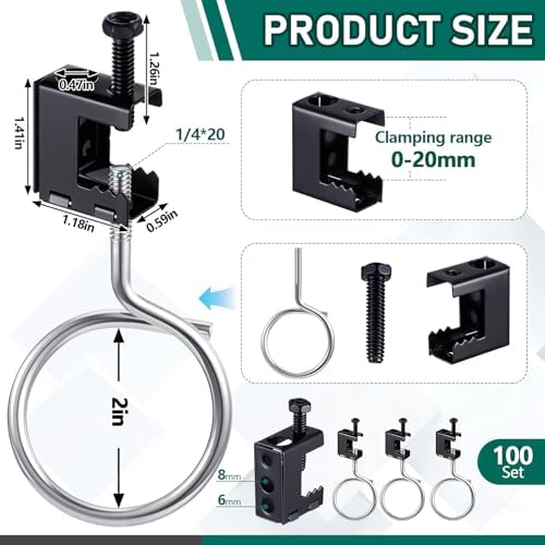 Tandefio 100 Set 1/4"-20 Spring Steel Beam Clamps Metal Beam Hangers Bolt on Clamp with Metal Machine Threaded Bridle Rings for Pipe Cable Woodworking Tool (Black,2 Inch Bridle Rings)