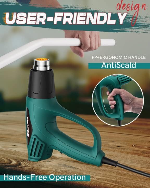 PRULDE Heat Gun, 1500W Dual Temperature Settings 572°F~1112°F Fast Heating Hot Air Gun with 6.5Ft Power Cord/4 Nozzles/Overload Protection for Crafts, Shrink Wrapping/Tubing, Paint Removing(N2190)