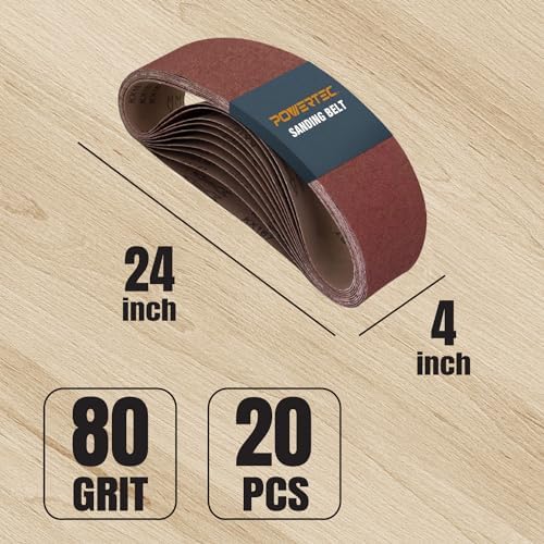 POWERTEC 4 x 24 Inch Sanding Belts, 20PK, 80 Grit, 4x24 Belt Sander Sanding Belts Assortment, Aluminum Oxide Sandpaper for Oscillating Belt Sander, Woodworking, Metalworking (110090-P2)
