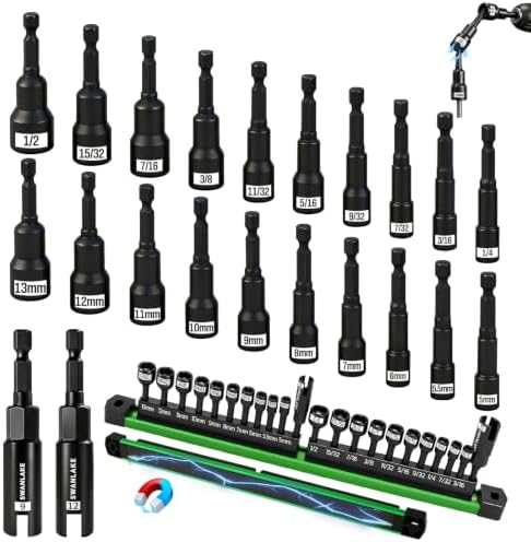 22-Piece Magnetic Nut Driver Set, Metric & SAE (5-13mm & 3/16"-1/2"), 1/4" Hex Shank Impact Bit Set, Wing Nut Driver Bits, Magnetic Aluminum Storage Rail