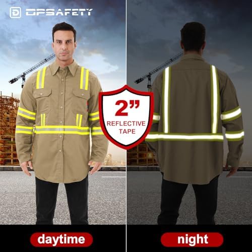FR Shirts for Men 7oz High Visibility Fire Resistant Shirts CAT2 Welding Shirt 100% Cotton Hi Vis Flame Resistant Shirt Khaki(5X-Large)