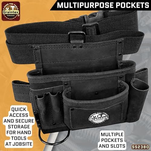 Graintex 5 Pocket Suede Leather Tool Belt/Bag, Multipurpose Leather Tool Belt for Women and Men, Ideal for Construction, Electrician, Handymen, Carpenter, Gardening Pouch & DIY Projects