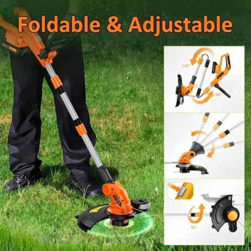 20V Electric Weed Wacker Edger Lawn Tool, Battery Powered Weed Eater 12-Inch Cordless String Trimmer Grass Trimmer Lightweight Yard Tools for Garden, Lawn Mower Cutter with 2 2.0Ah Battery Orange