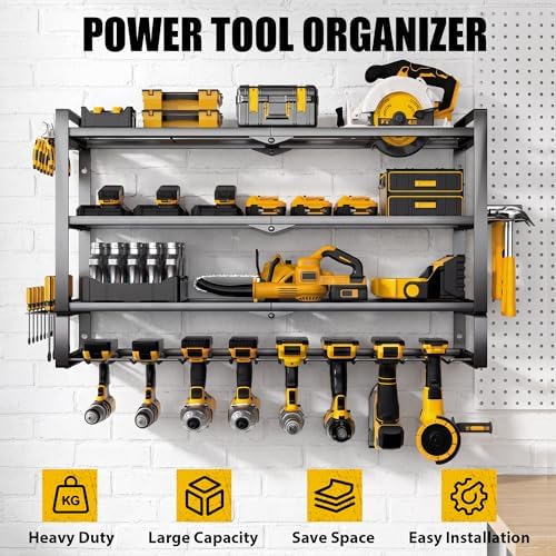 MOOMSINE Large Power Tool Organizer Wall Mount for Garage, 4-Tier Heavy Duty Metal Storage Rack Loads 400lbs, Battery Tools Hanger with 8 Cordless Drill Holders for Workshop, Pegboard, Shed