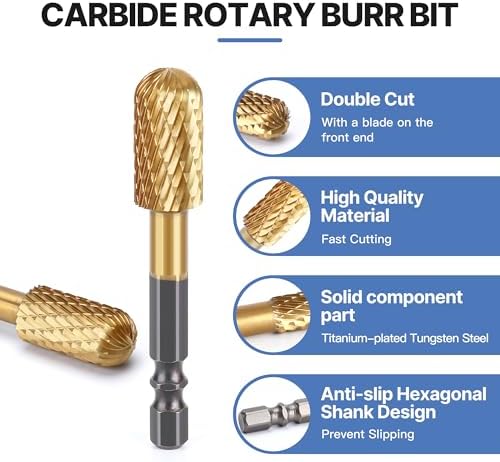 HUHAO Tungsten Carbide Rotary Burr Bit, Double Cut Carbide Burr 1/4" Shank Die Grinder Cutting Burrs Bit for Metal Working & Sturdy