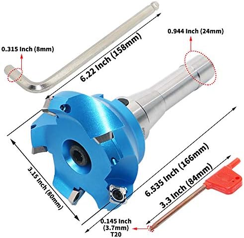 3.15 Inch Face Milling Cutter Aluminum KM12 80MM CNC End Milling Cutter Holder + R8-FMB22 Shank Face Shell Mill Arbor + 5pcs SEHT1204 Carbide Inserts + 8mm Hexagon Wrench + T20 Wrench CNC Machine Tool
