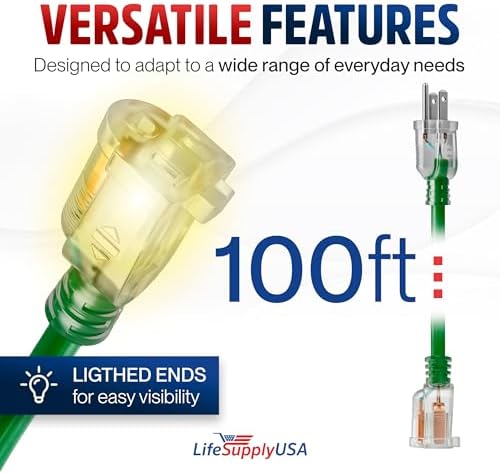 100ft Outdoor/Indoor Extension Cord 14/3 Gauge Heavy Duty 3 Prong SJTW, Waterproof, Flexible Cold-Resistant Long Power Cord,13A 125V 1625W, Green by LifeSupplyUSA
