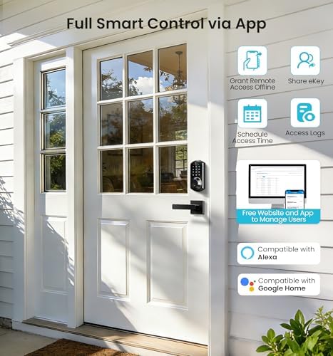 Veise VE07-L Fingerprint Smart Lock with 2 Lever Handles Set, Matte Black | 8-in-1 Keyless Entry for Front Door, App & Fob Control, Remote Access Sharing, Electronic Touchscreen Deadbolt, Auto Lock