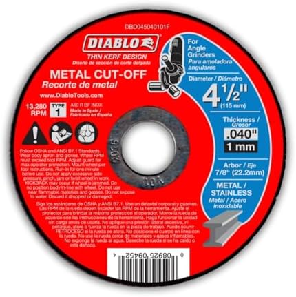 Diablo Thin Kerf Metal Cut-Off Discs - 4-1/2" Diameter, 7/8" Arbor, Type 1 Hub, 0.04" Thickness, 13280 Max RPM, 15-Pack - DBD045040115F