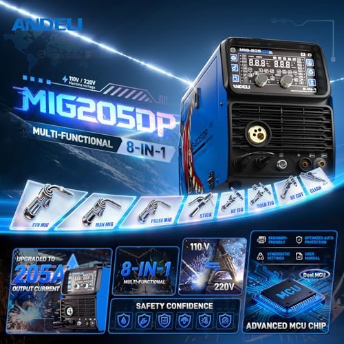 ANDELI Multiprocess Welder,8 in 1 Plasma Cutter/Pulsed MIG/HF TIG/Flux Core/Cold/Clean/Stick Aluminum Welding Machine 110/220V Dual Voltage 2026 Newest MIG-205DP-DB