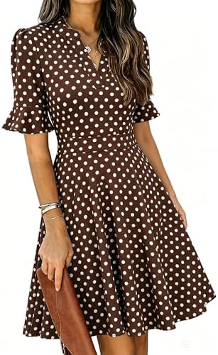 Mokayee Womens Summer V Neck Ruffle Short Sleeve Fit and Flare Knee Length Church Wedding Guest Dresses with Pockets
