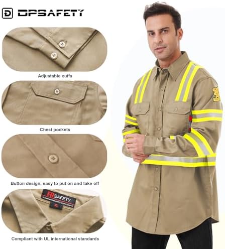 FR Shirts for Men 7oz High Visibility Fire Resistant Shirts CAT2 Welding Shirt 100% Cotton Hi Vis Flame Resistant Shirt Khaki(5X-Large)