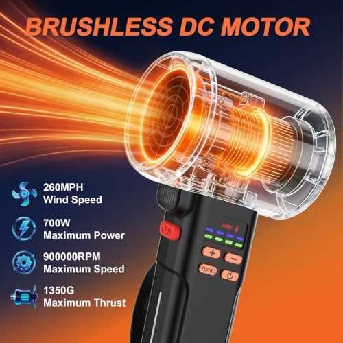 730PRO Car Blower for Drying Cordless | Up to 260MPH 740CFM Turbo Dryer Air Leaf Blower | Detachable Handle, 3.5H Type-C 2A Fast Charge, 5 Speeds, for Car/Hood/Yard/Sawdust/Fluffy (Dark Orange Black)