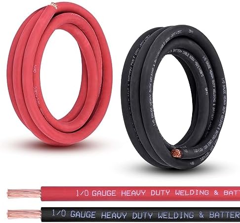 1/0 Gauge Battery Cable, 10FT Red + 10FT Black 1/0 AWG Pure Copper Wire Welding Cable, for Automotive, Battery, Solar and Generator, Standard USA OFC Wire