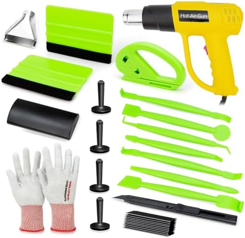Pro Vinyl Wrap Installation Bundle: 2000W Heat Gun with Flat Nozzle, 9mm Knife Blades+Disposal Blade Container, Safety Cutter, 7pc Edge Tuck Tool, Carbon Gloves, 4 Magnetic Positioners & Squeegee