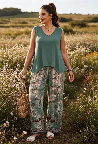 WIHOLL Two Piece Sets for Women Dressy Lounge Sets Summer Outfits Cruise Travel Beach Vacation Casual Wide Leg Pants Set