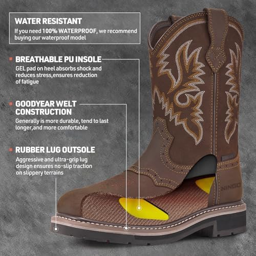HISEA NINGO Steel Toe Work Boots for Men Square Toe Cowboy Boots Soft Toe