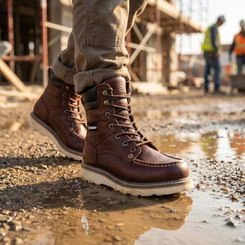 SUREWAY Men's 8" Moc Toe Full-Grain Leather Soft Toe Work Boots, EH Rated
