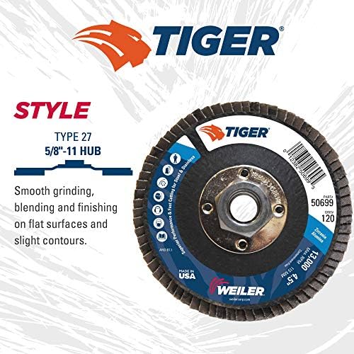 Weiler 50699 4-1/2" Tiger Disc Abrasive Flap Disc, Flat (TY27), Phenolic Backing, 120Z, 5/8"-11 UNC Nut (Pack of 10)