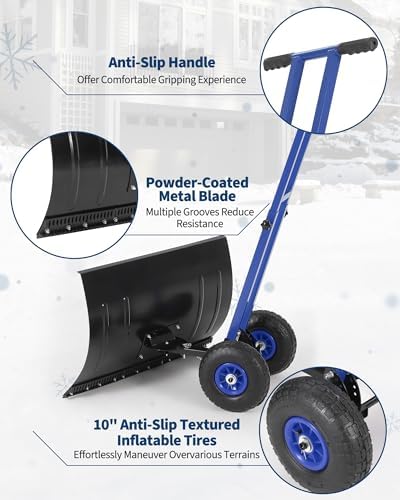 GarveeTech 29x19.8 in Rolling Snow Shovel on Wheels, Metal Snow Pusher