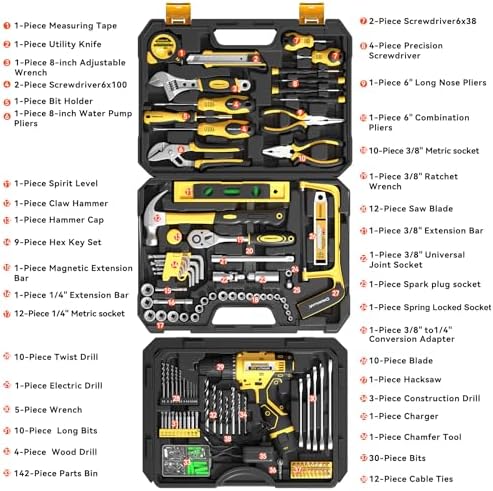 Tool Kit Box Drill Set with 12V Power Cordless Drill 299-Piece Tool Kit for Home Tool Set Storage Case with Drawer General Household Drill Set for Home Mechanics Repairs Men & Women, DIY