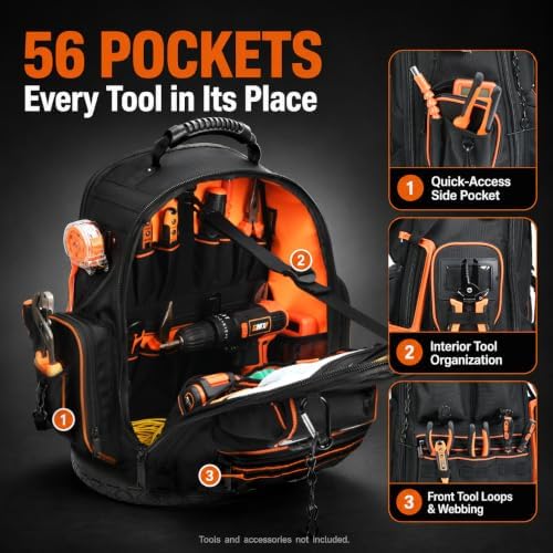 LOKASS Tool Backpack Heavy Duty, 2 Tool Pouches, 56 Pockets, Molded Bottom