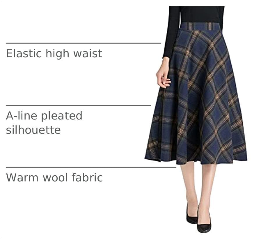 IDEALSANXUN Womens Plaid Wool Skirts Elastic Waist A-Line Pleated Tartan Long Skirts