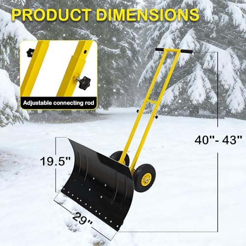 Snow Shovel, 29” Wide Heavy-Duty Metal Snow Pusher, 10” Pneumatic Rubber Wheels, 7-Position Angled Blade, Adjustable Height Anti-Slip Handle, Snow plow for Doorway, Driveway, Sidewalk