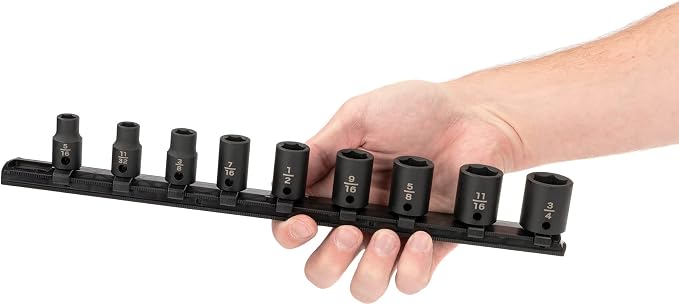 TEKTON 3/8 Inch Drive Impact Socket Set, 9-Piece | SID91100 | (5/16 - 3/4 in.), Shallow, 6-Point, Socket Rail