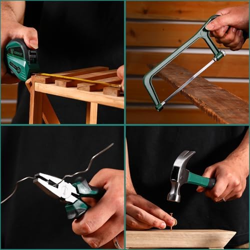 Tool Set: Tool Kit with 12V Cordless Drill, Hand Toolbox with storage case, Mechanic Tool set for Home Repairs, Green