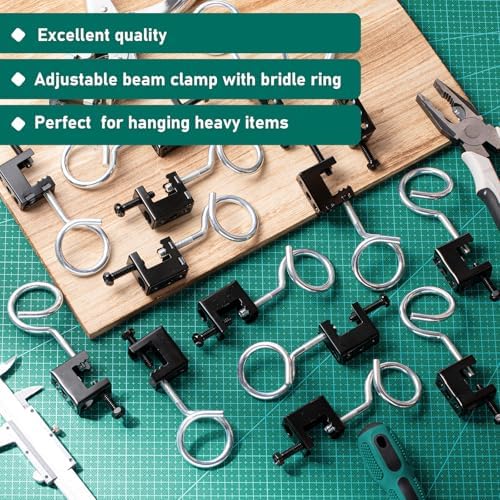 Tandefio 50 Set 1/4"-20 Spring Steel Beam Clamps Metal Beam Hangers Bolt on Clamp with Metal Machine Threaded Bridle Rings for Pipe Cable Woodworking Tool (Black,1 1/4 Inch Bridle Rings)