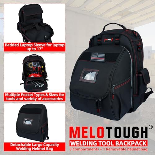 MELOTOUGH Welding Tool backpack for Tools and Helmet Extreme Gear Pack with Large Capacity Helmet Holder Luggage Storage Bag (Black)