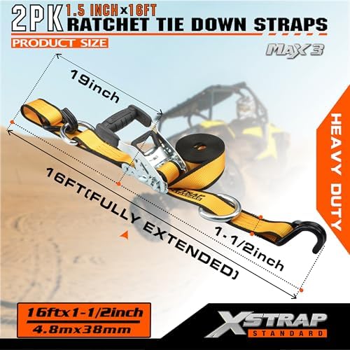 XSTRAP STANDARD 2 Pack 1.5" x 16Ft Ratchet Tie Down Straps w/Double J Hook | 3,300 lb Break Strength, Heavy Duty Tie Down Straps for ATV, UTV, Truck, Motorcycle & Cargo Hauling, , Kayak, Trailer, Yellow