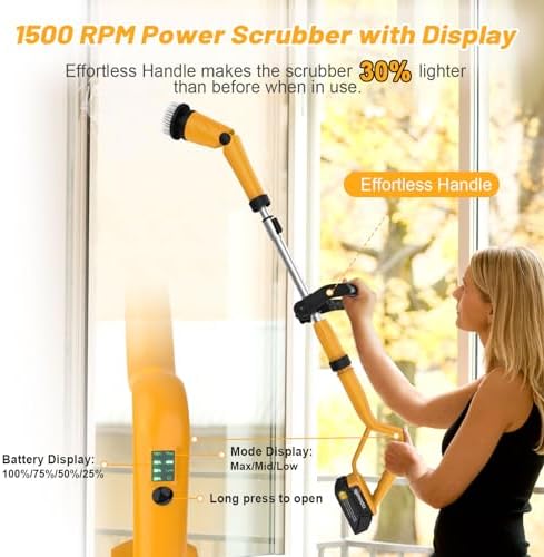 Qimedo 1500 RPM Electric Spin Scrubber with Two Batteries Q2 Pro, Cordless Battery Powered Shower Scrubber,Electric Tile Floor Scrubber with Display for Grout/Tile/Tub (Effortless Handle/8 Brushes)