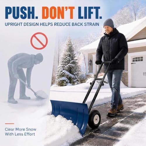 GarveeLife Wheeled Snow Shovel - 29in Steel Blade, 10in Wheels Blue/Black