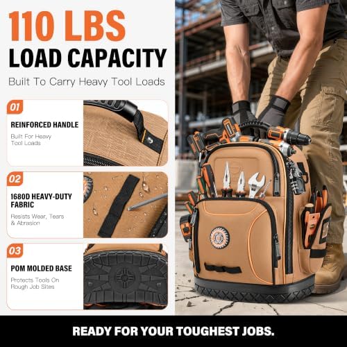 LOKASS 18.1-Inch Heavy-Duty Tool Backpack, 75 Pockets, Brown