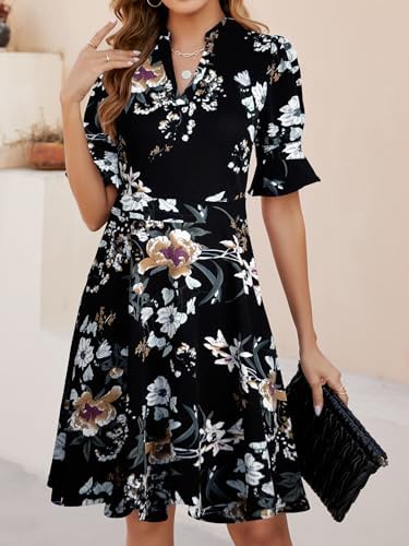 Mokayee Womens Summer V Neck Ruffle Short Sleeve Fit and Flare Knee Length Church Wedding Guest Dresses with Pockets