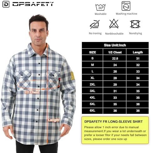 FR Shirts for Men 7oz Fire Resistant Shirts CAT2 Welding Shirt 101% Cotton Flame Resistant Shirt Grey/Plaid(4X-Large)