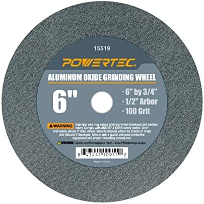 POWERTEC Bench Grinder Wheel 6 Inch 100 Grit, Aluminum Oxide Grinding Wheel for Bench Pedestal Grinder, 3/4" Thick 1/2" Arbor, Sharpening & Shaping Drill Bits, Blade, and Chisel 1PK (15519)