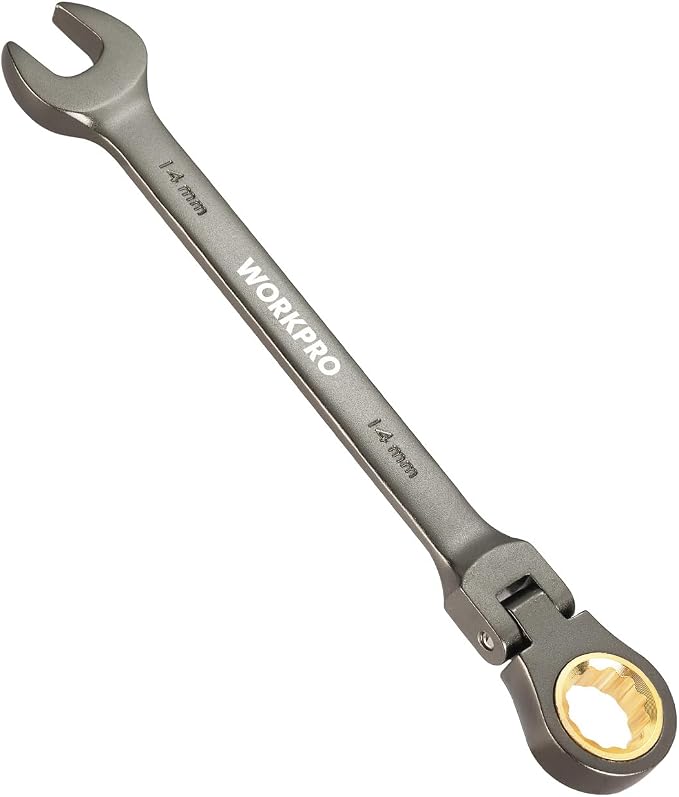 WORKPRO 14 mm Flex-Head Ratcheting Combination Wrench, Nickel Plating | Cr-V Constructed, 72-Teeth, 12 Point Design, Metric, For Home Improvement, Auto Repairs, Plumbing, Constructions, Machinery