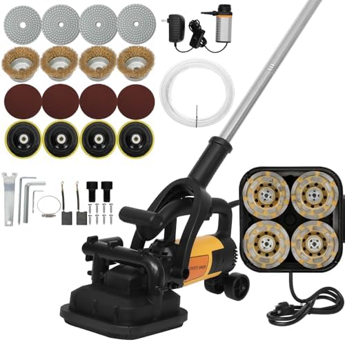 4-Head Concrete Grinder Machine with Handle & Auxiliary Wheels，3800W Floor Grinder For Concrete with 6-Speed Control & Dust Collection Cover, Floor Grinder for Grinding Concrete Deck Marble Granite