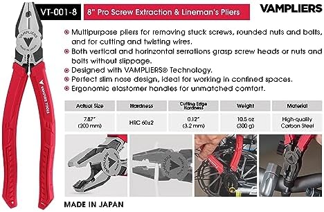 VAMPLIERS 4-PC Screw Extractor Pliers Gift Set. Made in Japan. 8" Linesman, 7.5" Long Nose, 6.25" Multipurpose & 5" ESD Safe Pliers + Tool Pouch. Remove any Stripped/Damaged/Rusted Screws.