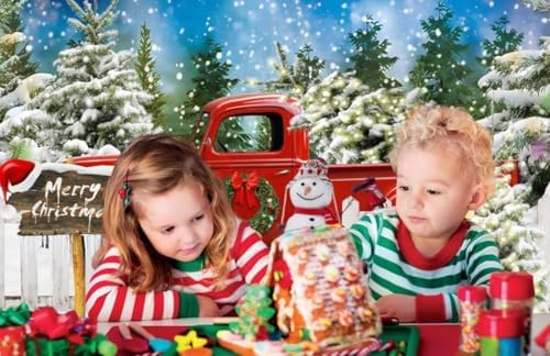 Merry Christmas Backdrop 20x10ft Winter Christmas Snowman Red Truck Backdrop Winter Forest Photography Background Xmas Theme Party Decorations Studio Photo Booth Props