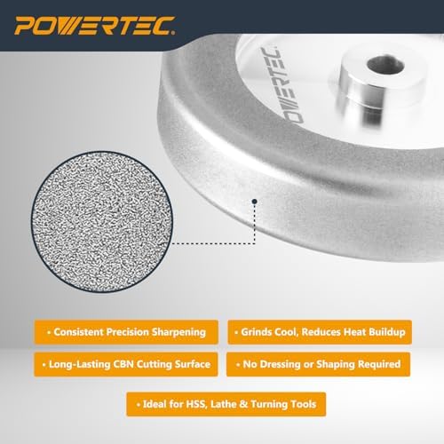 POWERTEC CBN Grinding Wheel 6 Inch 320 Grit, 1-1/4" Wide, 1/2" Arbor – 4-in-1 CBN Sharpening Wheel with 1/4" Radius Edge and Side Face for Bench Grinder (15708)