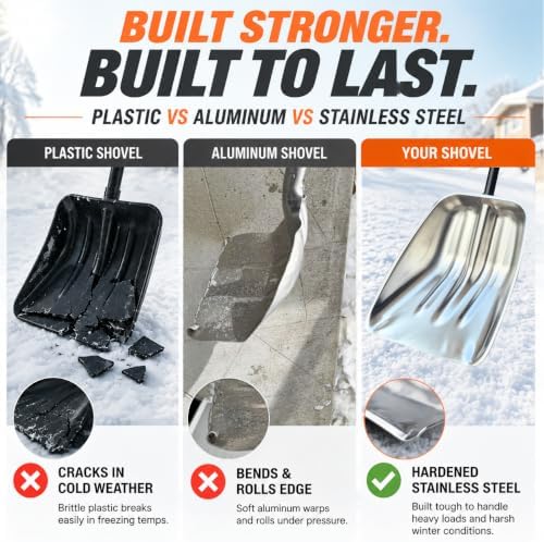 Metal Snow Shovel, Heavy Duty Stainless Steel Scoop Shovel for Snow Gravel